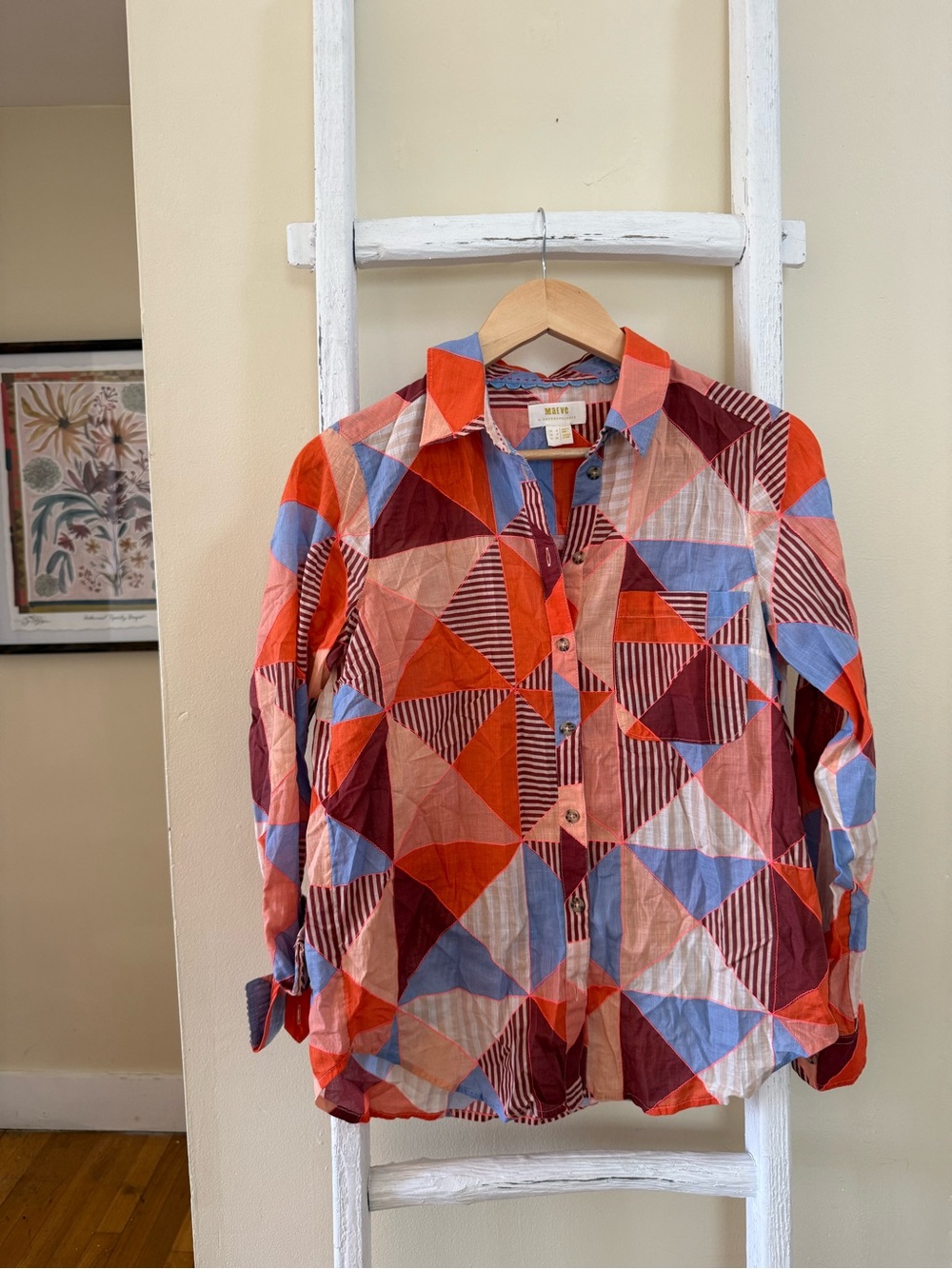 Free People Geometric Patchwork Button-Down Shirt in Red, Blue, Burgundy